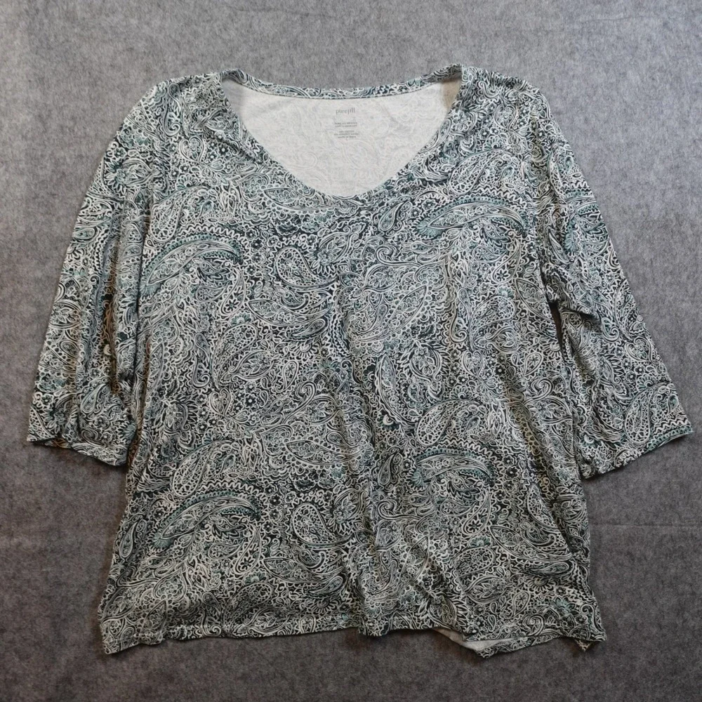J. Jill Top Womens Large Blue Black White PureJill Printed Soft VNeck 3/4 Sleeve